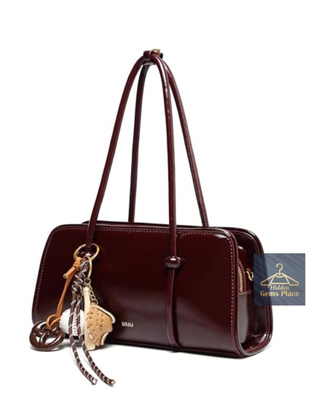Glossy PU Leather Top Handle Satchel with Baseball Charm, 3 Ways to Carry